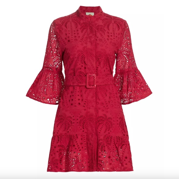 NWT $260 Farm Rio Eyelet Belted Mini Shirtdress in Red - size Small!